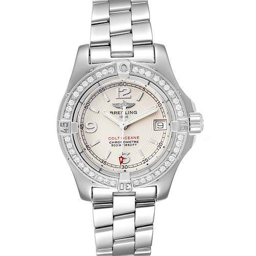 This image shows a front view of the Breitling Colt Oceane Stainless Steel Diamond Ladies Watch A77380, displaying the dial and bracelet.