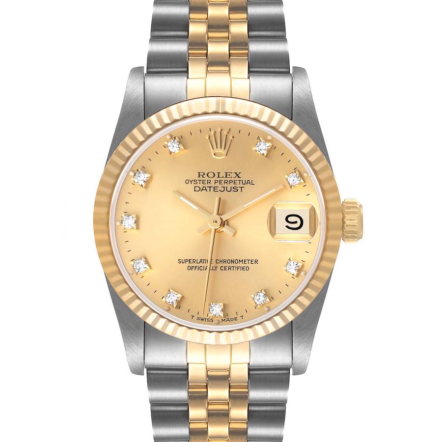 The image shows a Rolex Datejust watch from the front angle, highlighting its gold dial, fluted bezel, and two-tone bracelet.
