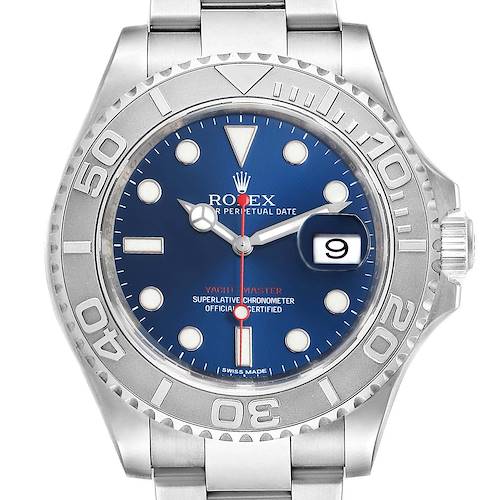 This image shows a Rolex Yacht-Master watch from a front view, highlighting the dial, bezel, and bracelet.