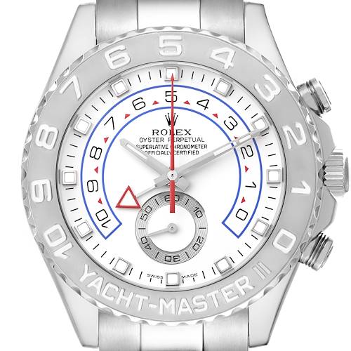 The image shows a front view of the Rolex Yacht-Master watch, highlighting its bezel, dial, hands, and crown.