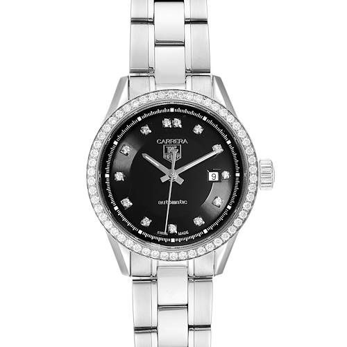 This Tag Heuer Carrera model watch is shown from a top-down angle, highlighting the face, bezel, and part of the bracelet.