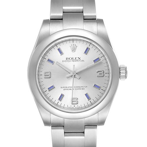 The image shows a front view of the Rolex Oyster Perpetual Mid-Size watch, displaying the dial, crown, and part of the bracelet.
