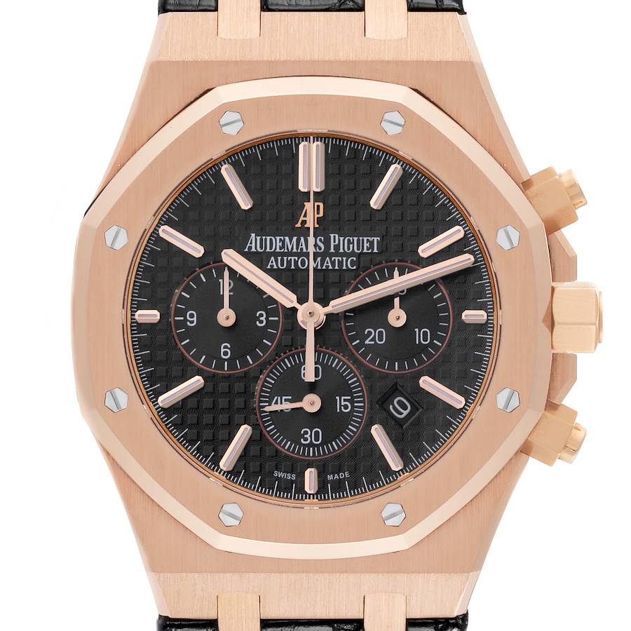This image shows a front view of the Audemars Piguet Royal Oak watch, displaying its dial, bezel, and pushers.