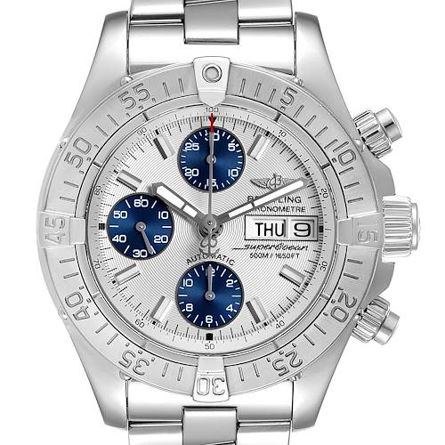 The image shows the front view of a Breitling Superocean watch, displaying its dial, bezel, and chronograph subdials.