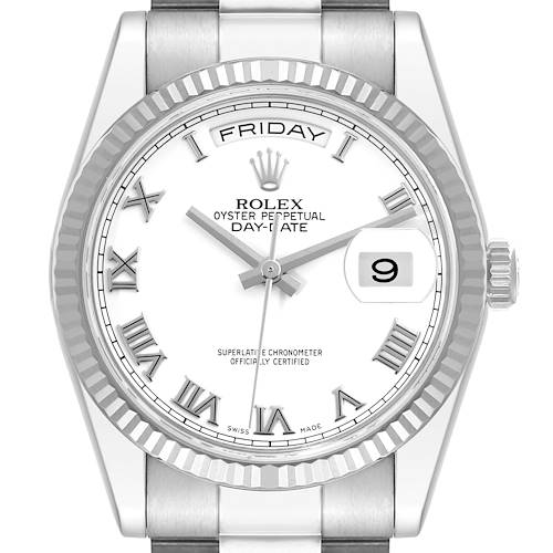 The image shows a top view of a Rolex President model, detailing its face, bezel, and part of its bracelet.
