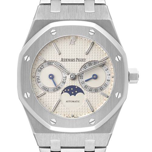 This image shows a frontal view of an Audemars Piguet Royal Oak watch, highlighting the dial and bracelet.
