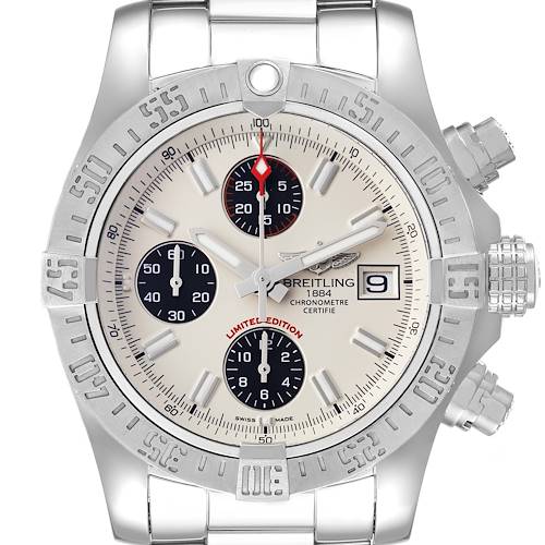 This image shows a frontal view of a Breitling Avenger watch displaying its face, bezel, chronograph subdials, and date window.