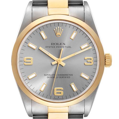 This image shows the front view of a Rolex Oyster Perpetual watch, highlighting the dial, hands, and crown.