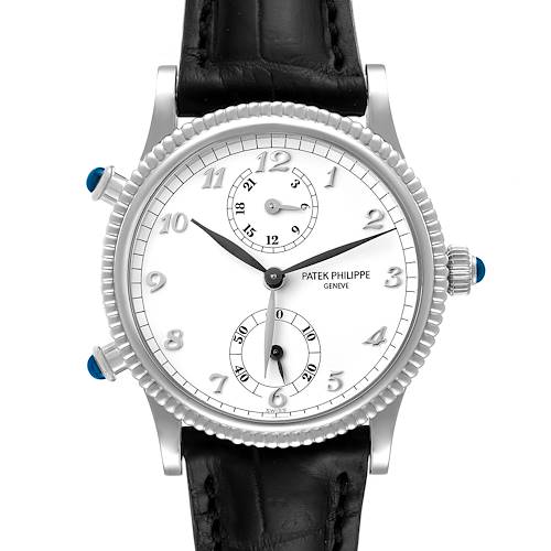 The image shows a frontal view of a Patek Philippe Calatrava watch, displaying its face, hour markers, hands, and leather strap.