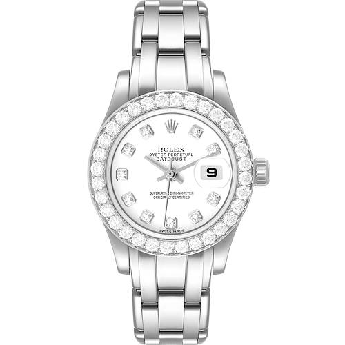 The image shows a front view of a Rolex Pearlmaster watch, highlighting the dial, bezel with diamonds, and part of the bracelet.
