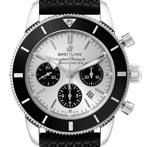 This image shows a front view of the Breitling Superocean watch, highlighting its bezel, dial, subdials, and crown.