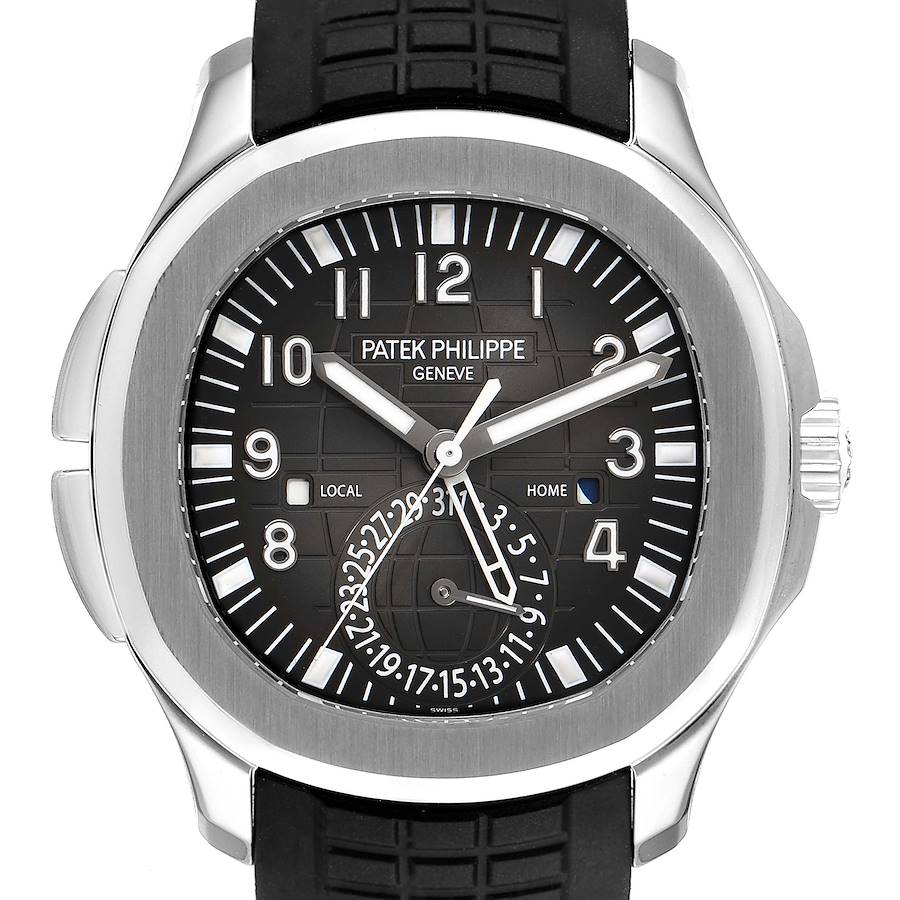 The image shows a front view of the Patek Philippe Aquanaut watch with its face, hands, and bezel visible.