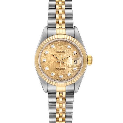 The Rolex Datejust watch is shown from a front angle displaying the face, bezel, crown, and part of the two-tone bracelet.