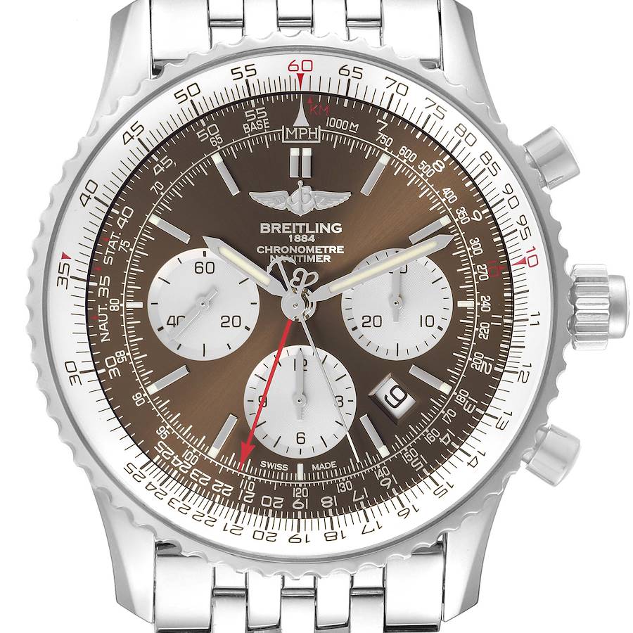 This image shows a front view of the Breitling Navitimer watch, highlighting the dial, chronograph subdials, bezel, and partial bracelet.