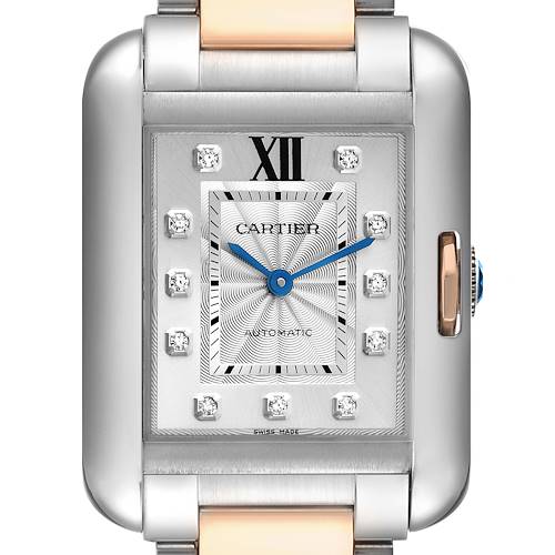 The image shows a front view of the Cartier Tank Anglaise watch, displaying its face and part of the bracelet.