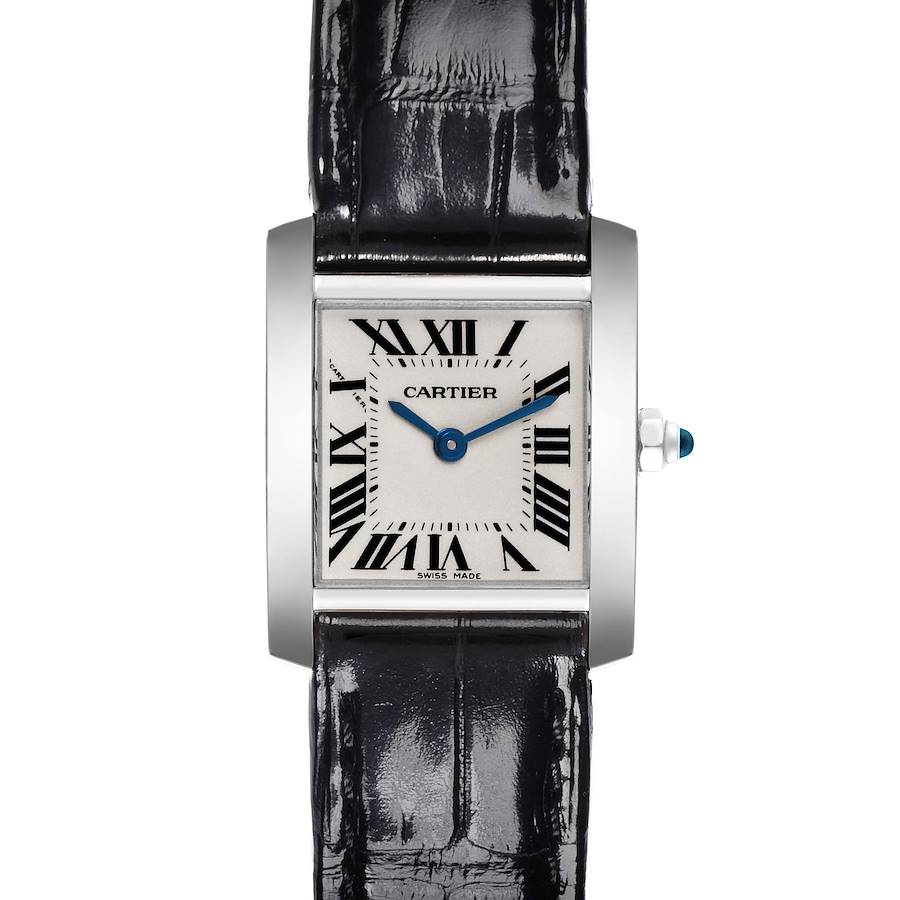 This image shows a front view of the Cartier Tank Francaise watch, highlighting the rectangular face and black leather strap.
