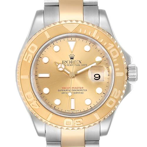 This Rolex Yacht-Master watch is shown from the front, highlighting its gold dial, bezel, and bracelet.