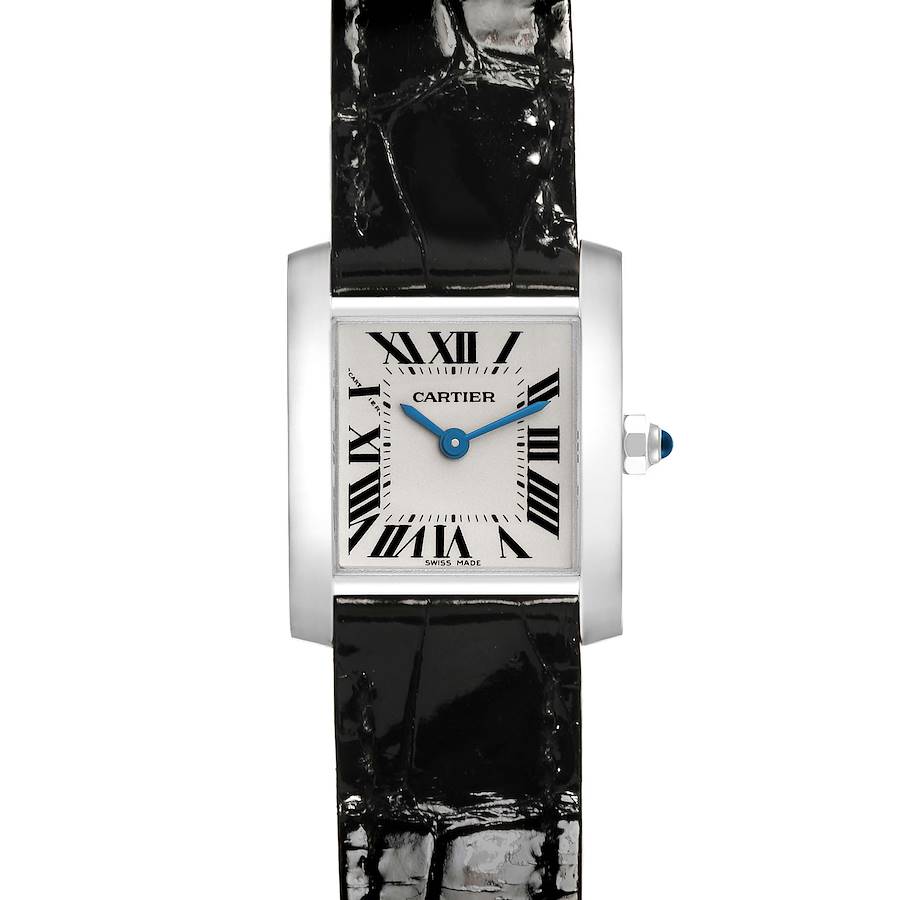 The Cartier Tank Francaise watch is shown from a front angle, displaying its face, Roman numerals, and black strap.