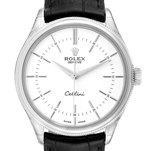 The image shows a Rolex Cellini watch, viewed from the front to display the face, hands, bezel, and part of the leather strap.