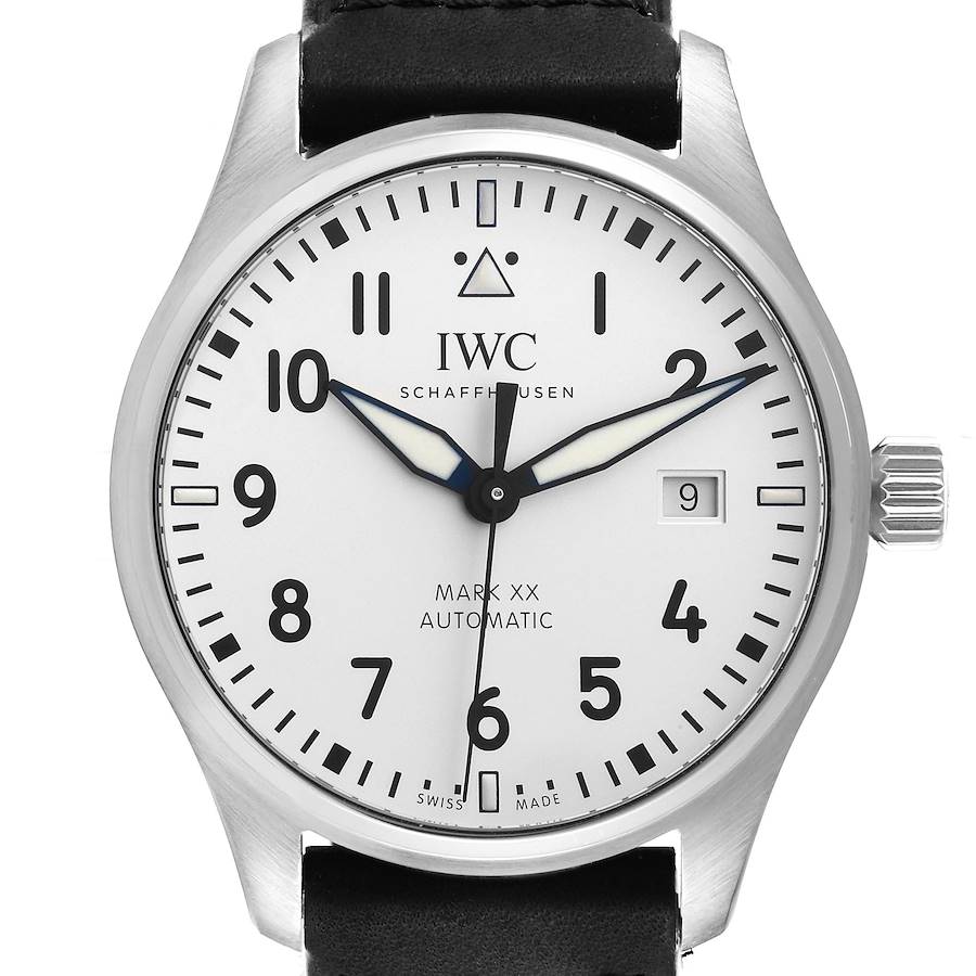 The image shows a front view of the IWC Pilot Mark XX Automatic watch, displaying its face, hour markers, date window, and crown.