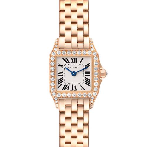 The image shows a front view of the Cartier Santos Demoiselle watch, displaying its face, case, and part of the bracelet.