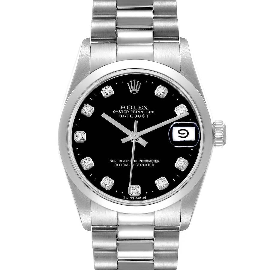 This image shows a frontal view of the Rolex President model watch, displaying its black dial, date window, and stainless steel bracelet.