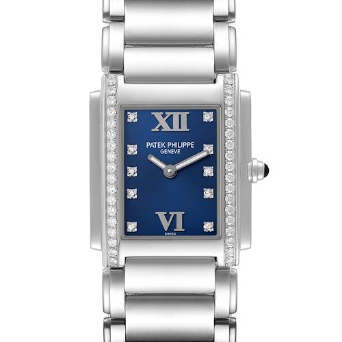 The image shows a front view of the Patek Philippe Twenty-4 watch, highlighting the face, dial, case, and part of the bracelet.