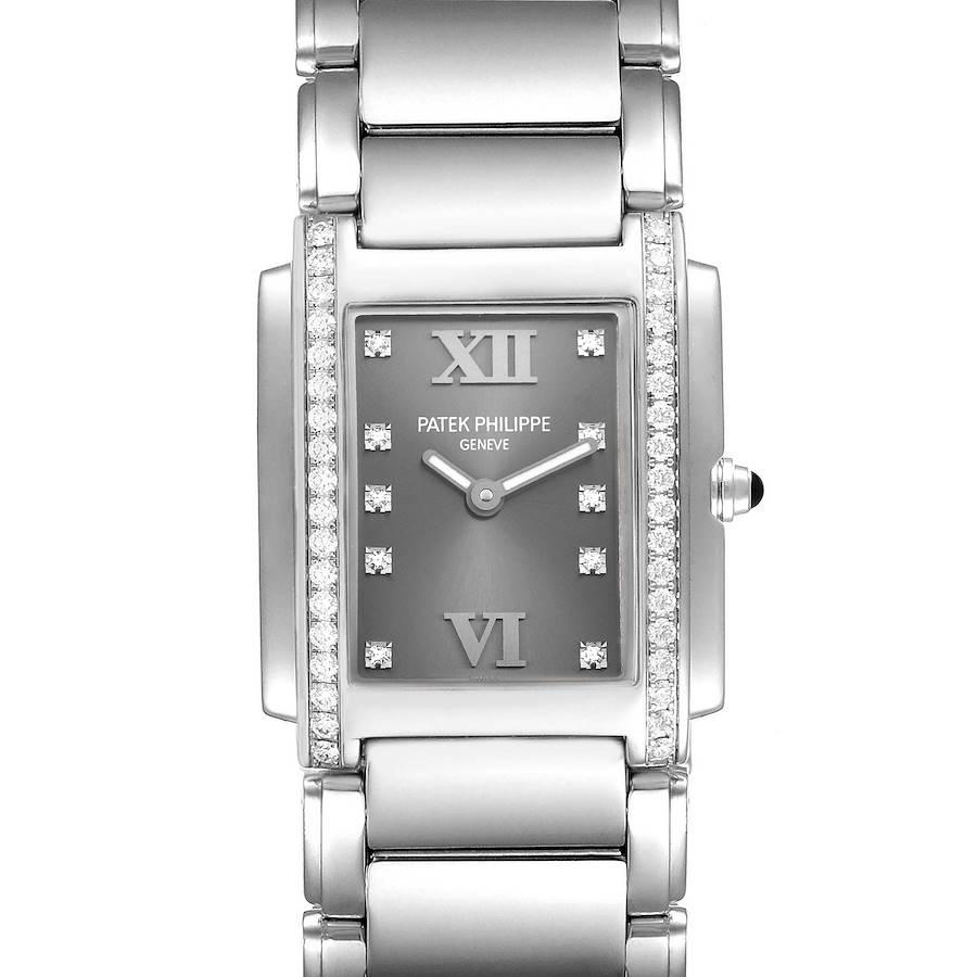 The image shows a front view of the Patek Philippe Twenty-4 watch, displaying its face, case, and part of the bracelet.