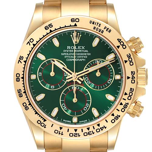 This image shows a frontal view of a Rolex Daytona watch, highlighting the dial, bezel, and bracelet.