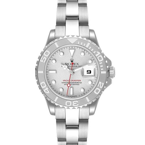 This image shows a frontal view of a Rolex Yacht-Master watch, displaying its dial, bezel, and bracelet.