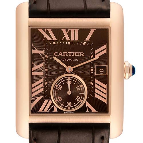 This image shows the face of a Cartier Tank MC watch, including its dial, hands, and date window.