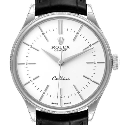 The image shows a frontal view of the Rolex Cellini model, highlighting the watch face, hands, indices, crown, and part of the strap.