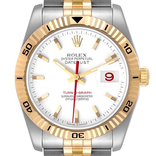 The image shows a front view of the Rolex Turn-o-Graph watch, displaying the face, bezel, and part of the bracelet.