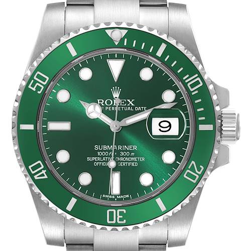 The image shows a front view of a Rolex Submariner watch, highlighting its green bezel, dial, and metal band.