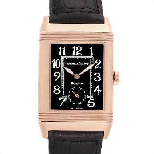 This image shows a front view of the Jaeger-LeCoultre Reverso watch, including its face, hands, crown, and part of the strap.