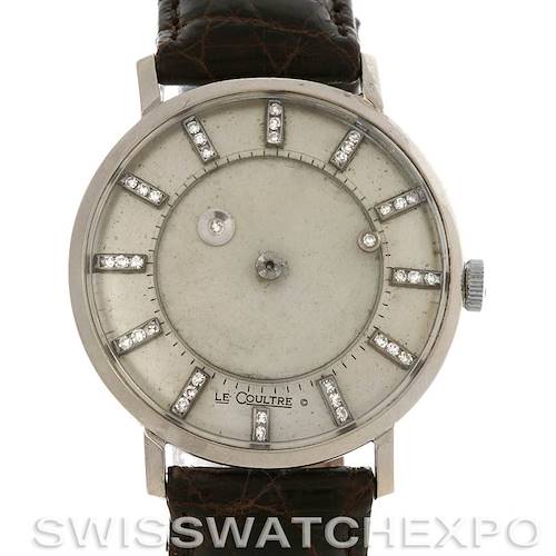 This image shows a frontal view of a Jaeger LeCoultre Vintage watch, featuring a diamond-studded dial and a leather strap.