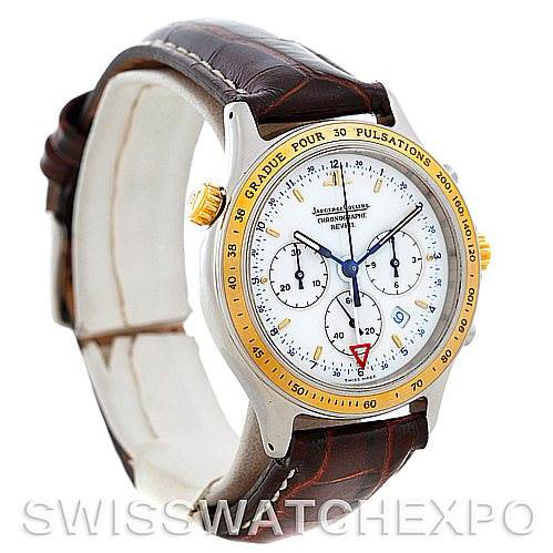The image shows a Jaeger-LeCoultre Vintage watch from a front-side angle, displaying its dial, bezel, and leather strap.