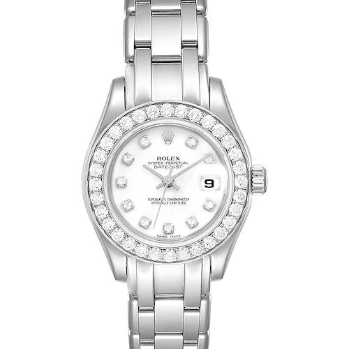 This image shows a top-down view of the Rolex Pearlmaster watch, highlighting its diamond bezel, face, and stainless steel bracelet.