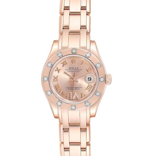 The image shows a frontal view of a Rolex Pearlmaster watch, highlighting its rose gold band, diamond-set bezel, and Roman numeral dial.